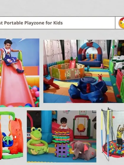This collage shows various portable playzone options, including a setup with a swing and slide, a trampoline in a ball pit, and a large indoor area with a bouncy castle, perfect for any toddler's party.