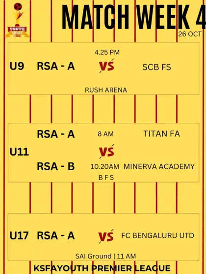 Match week 4 fixtures for our U9, U11, and U17 teams in the KSFA YPL.