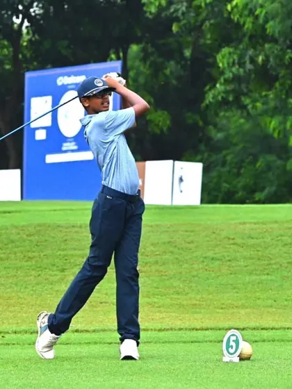 An action shot of Rayirth executing a perfect swing during the New Delhi Fall Local Tour, where he clinched the Winner's Title in Category C Boys.
