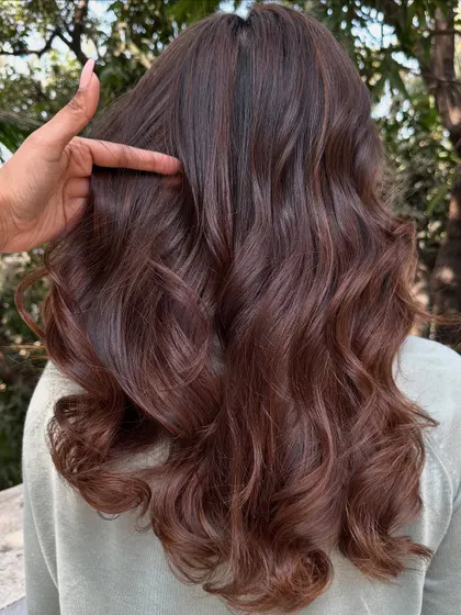 Another close-up of the beautiful, wavy 'Chocolate Pecan Dream' hair.