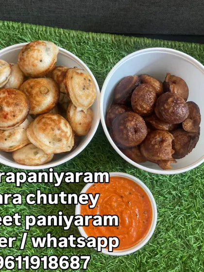 Sweet and savoury paniyaram are served with kara chutney in our breakfast dish photograph from the kitchen.