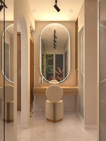 The walk-in dresser area connected to the master bedroom. It features a sleek vanity with an oval backlit mirror and continues the tropical theme with sandwich glass panel wardrobes.