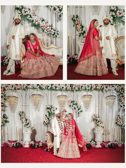 A collage showcasing different moments from the wedding stage, from formal poses to a candid dance. This highlights the variety of shots I capture during the main wedding event.