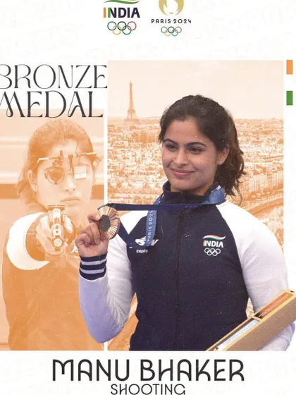 An official poster commemorating Manu Bhaker's bronze medal in shooting at the Paris 2024 Olympics. A proud achievement for our academy and for India.