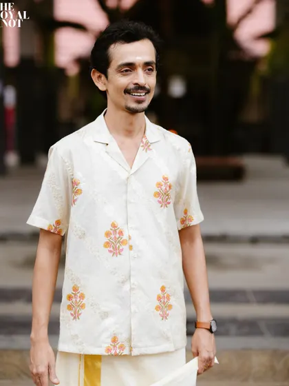 It was a pleasure draping for actor Rajesh Madhavan. This look pairs a classic mundu with a contemporary printed shirt, a great option for festive occasions or pre-wedding events where comfort and style are key.