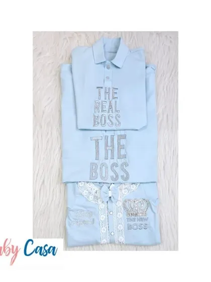 A fun twinning set for the family. This collection includes shirts for "The Real Boss" (Dad) and "The Boss" (Big Brother), and a romper for "The New Boss" (Baby).