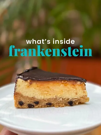 A visual breakdown of what's inside the Frankenstein. This slice shot shows every delicious component that makes this cake so unique and beloved.