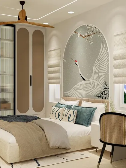 This view showcases the custom wardrobe with rattan and PU finish doors, blending natural materials with modern design.