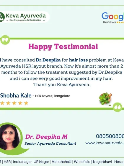 Shobha Kale shares her two-month journey treating hair loss with Dr. Deepika at our HSR layout branch. She expresses her satisfaction with the very good improvement she has seen in her hair following the suggested treatment.
