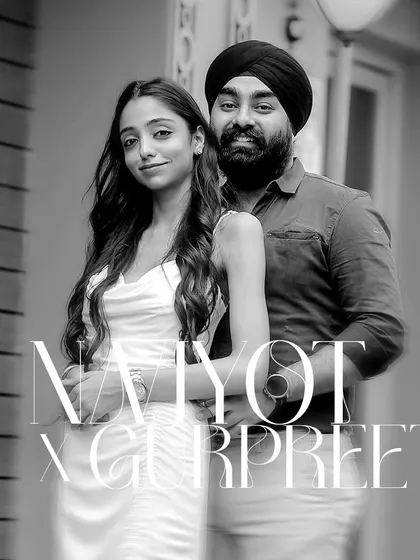A stylish black and white pre-wedding portrait with a modern text overlay. The motion blur effect adds a dynamic and artistic touch to the image.