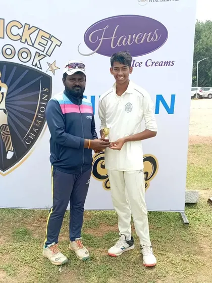 Recognizing consistent performance. A player from our U16 championship-winning team receives an award at The Cricket Playbook tournament.