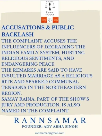 This post from my foundation, Rann Samar, details the accusations against influencer Ranveer Allahbadia. The complaint accuses him of degrading the Indian family system and hurting religious sentiments, sparking a debate on creative freedom versus public decency.