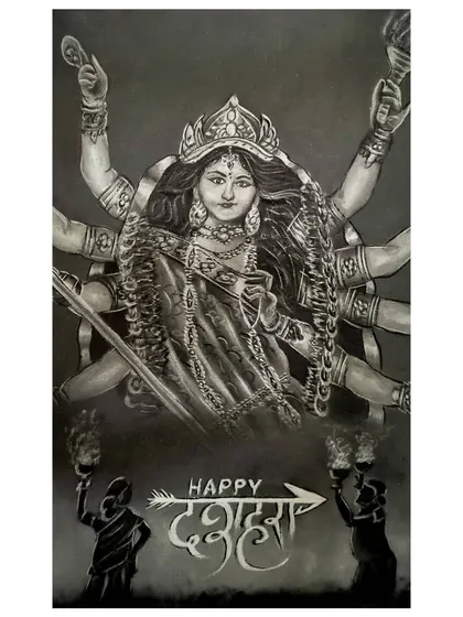 A charcoal powder artwork of Devi Maa for Dussehra. The black and white medium creates a dramatic and divine feel, highlighting the goddess's powerful form. This is an example of the spiritual and cultural art I love to create.