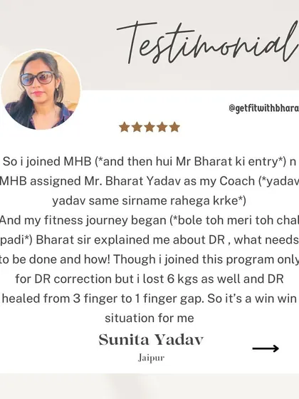 Her fitness journey began with me explaining what DR is and how we would correct it. She not only healed her DR from a 3-finger to a 1-finger gap but also lost 6 kgs.