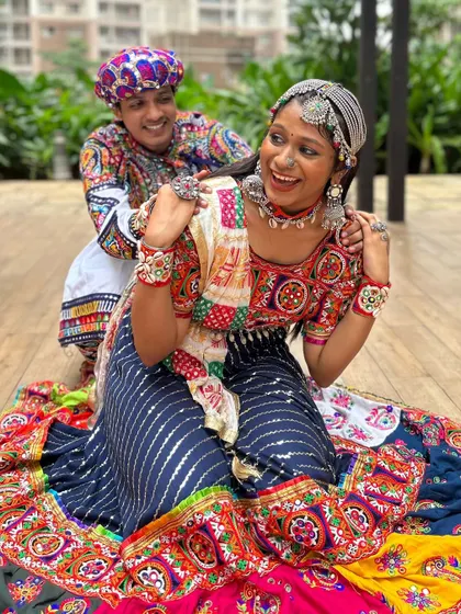 Fun and candid moments are the best! These outfits are made for celebrating together, offering both style and comfort for hours of Garba.