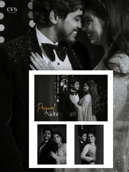 A collage of black and white reception photos that capture the couple's joy and intimacy. Monochrome adds a touch of classic Hollywood glamour to their story.