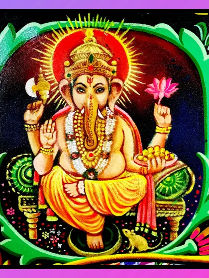 A traditional painting of Lord Ganesha, rich in color and detail. I paint spiritual and cultural figures for homes, temples, and community spaces, creating a sense of peace and devotion.