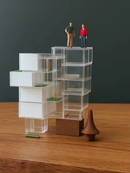 An experimental model exploring stacked, transparent volumes. This playful study helps us think about modularity and the visual connection between different spaces.