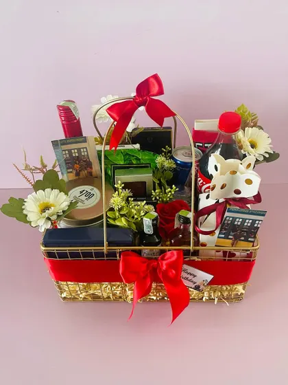 A full view of the "Say Cheers" metal hamper, perfect as a birthday gift, anniversary present, or a thank you gift for a host.