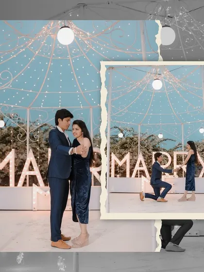 A creative collage of a proposal scene, featuring a "Marry Me" light-up sign and a gazebo adorned with fairy lights, perfect for a magical night shoot.