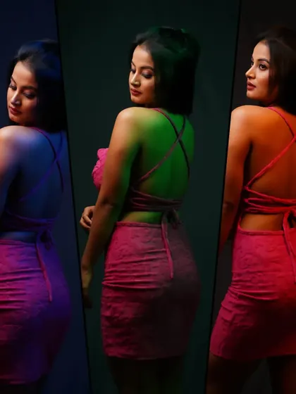 A triptych of the same series, showcasing the vibrant colors and the model's poses.