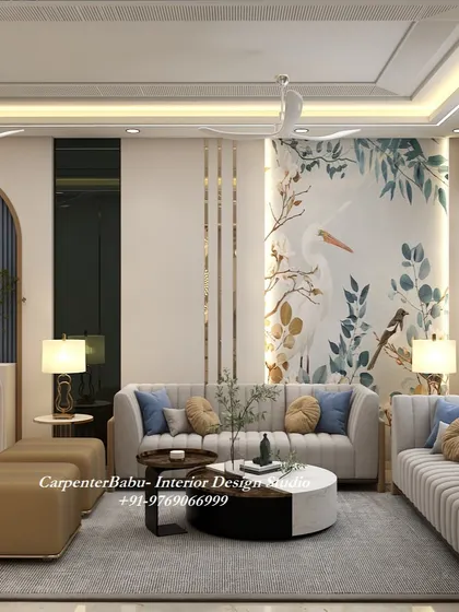 A living room with a large, beautiful mural that serves as a stunning backdrop for the modern sofa. The design is artistic, serene, and unique.