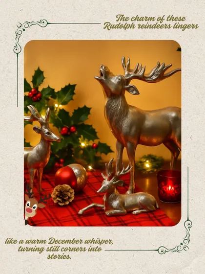 The charm of these Rudolph reindeers lingers like a warm December whisper. This family of brass-finish reindeer sculptures turns still corners into stories.