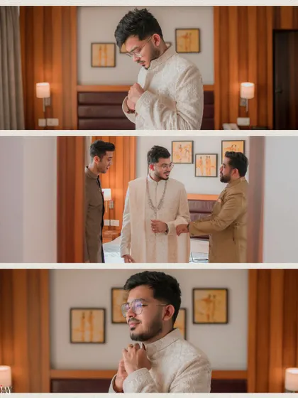 A collage of the groom getting ready with the help of his groomsmen.