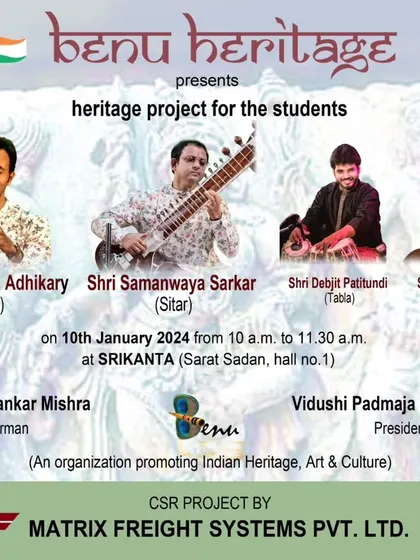 A poster for a morning concert for students, presented by Benu Heritage, featuring the outstanding duo Debapriya Adhikary da and Samanwaya Sarkar da.