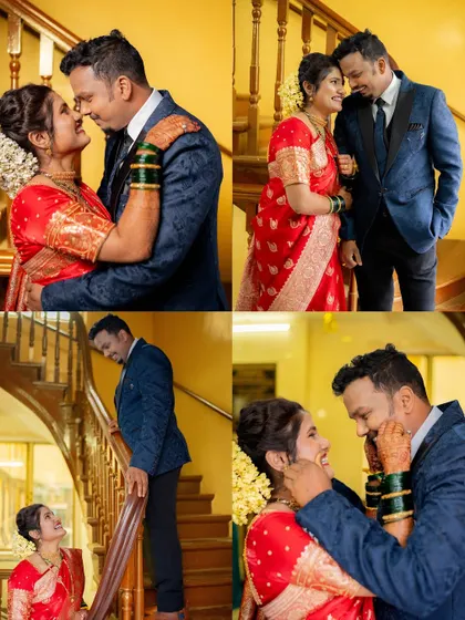 A fun and candid collage of the couple interacting after the wedding, showing their playful and loving relationship.