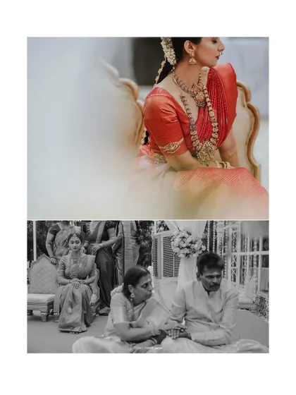 A collage of quiet, poignant moments from Bhagya and Prabhu's wedding. The use of black and white emphasizes the emotion and timelessness of the ceremony.