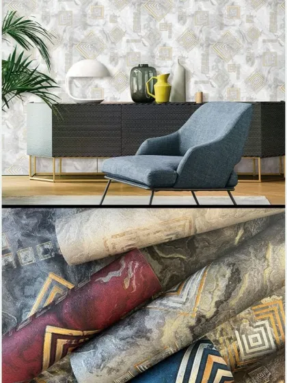 A collage of modern geometric and abstract wallpapers, shown in a room and as a collection of colorful rolls.