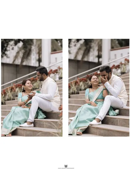 A candid diptych of Likith and Kusum sharing a laugh on the steps during their engagement day. These unposed moments are often the most cherished.