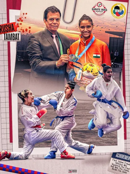 A graphic celebrating Asian Karate Silver Medalist Ms. Rusha Tambat. She is a proud KIO player, and we celebrate all our athletes' achievements.