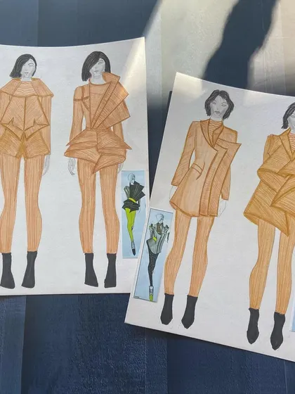 A series of sketches exploring structural and deconstructed designs in a neutral color palette.
