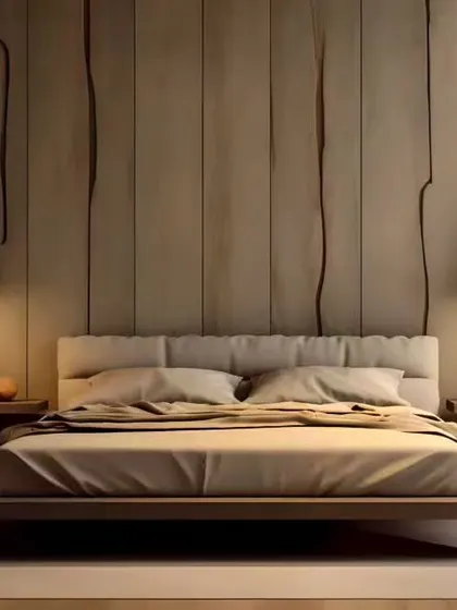 A minimalist bedroom with a wabi-sabi aesthetic. The design uses natural textures, a low platform bed, and a neutral color palette to create a serene and calming environment.