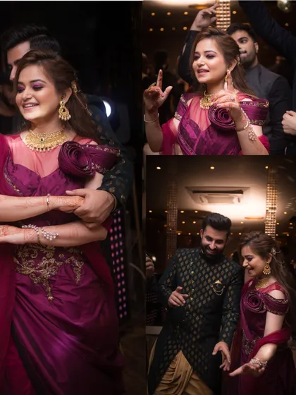 The dance floor is where the celebration comes alive. This collage captures the couple's happy and energetic moments as they dance together at their engagement party.
