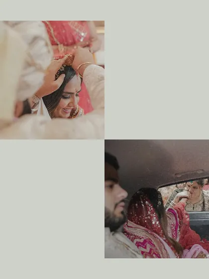 This collage tells the story of the 'Vidaai', one of the most emotional moments of a wedding. We capture the groom's gentle blessing and the bride's tearful goodbye, preserving the raw emotion of the moment.