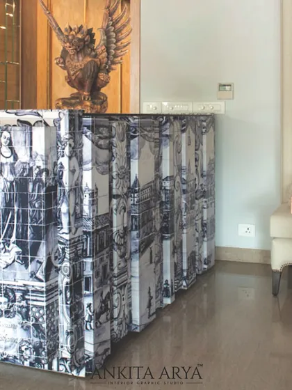 For this unique credenza, I designed a graphic inspired by traditional Portuguese tile art. The entire scene is printed on a leather surface, creating a stunning textural and visual contrast that is both luxurious and artistic.