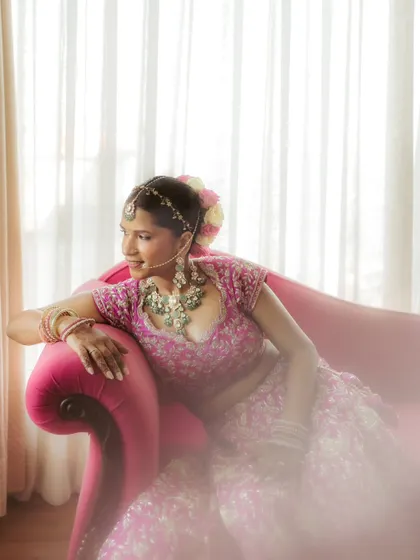 A soft and dreamy version of the bridal portrait, using a haze effect to create an ethereal, romantic glow around the bride.