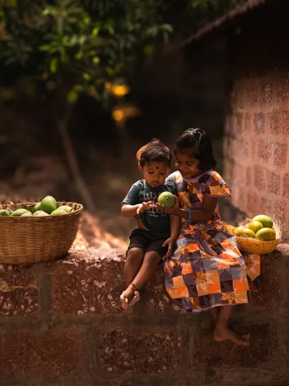 Two young children sitting on a rustic wall, sharing and inspecting their freshly picked mangoes. A quiet, beautiful moment of friendship.