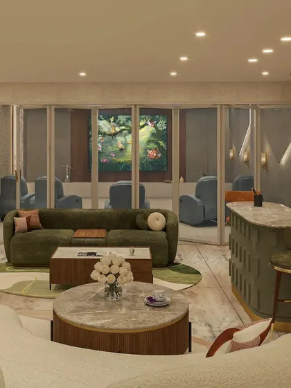 A view showing the connection between the lounge and the home theater area, separated by a glass partition.