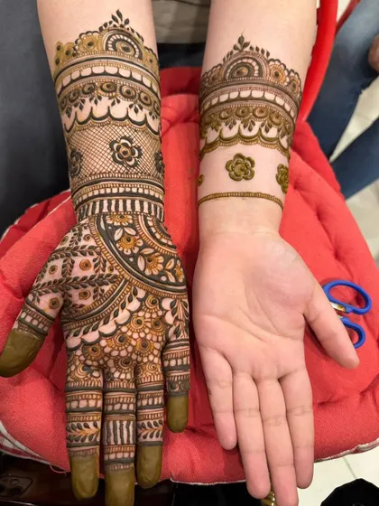 The finished look of two complementary designs, perfect for family members at a wedding.