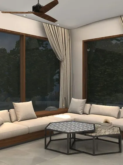 Another view of the Nainital lounge, showcasing the natural wood elements and neutral color scheme designed for comfort and relaxation.