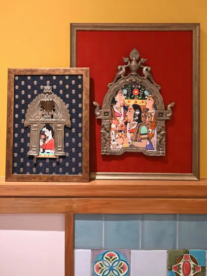 A set of two framed Prabhavalis created for a client who wanted a contemporary, conversational feel. I used digitally recreated Rajput miniature paintings and framed them against rich Banarasi silk fabrics.