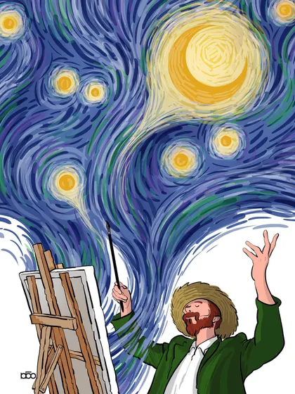 Vincent conducts a symphony of stars and moonlight with his paintbrush, the music of the cosmos flowing directly onto his canvas.