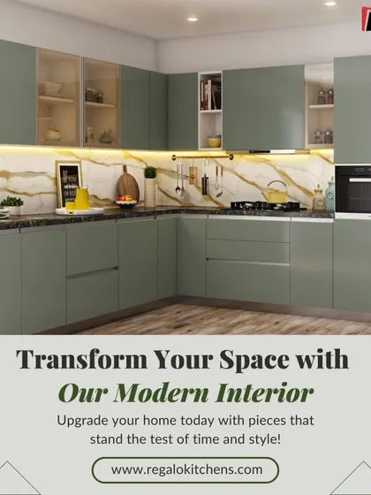 We transformed this space with a modern L-shaped kitchen in a calming sage green. The marble-patterned backsplash adds a touch of luxury, while the layout maximizes storage and counter space, complete with an integrated oven.