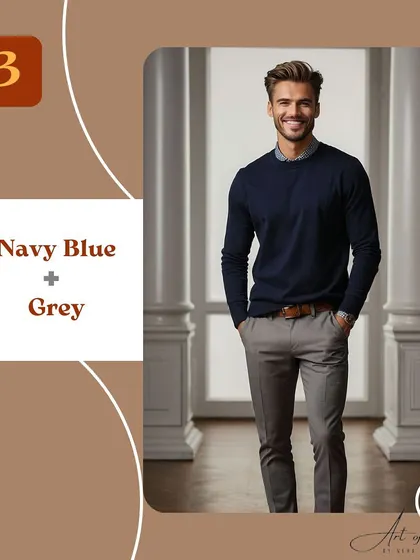 A classic that never fails: navy blue and grey. A navy blazer over a grey turtleneck or a navy shirt with tailored grey pants is the definition of timeless elegance.