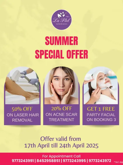 Get your summer glow on with another one of our special offers. This promotion includes 50% off laser hair removal, 20% off acne scar treatments, and a free party facial when you book three.