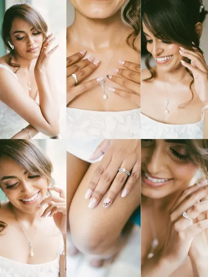 A beautiful collage focusing on the bride's delicate jewelry and radiant smile. These close-up shots capture the fine details and her happiness.